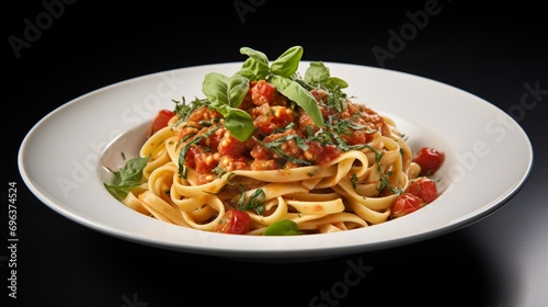 a gourmet pasta dish, its al dente perfection and rich sauce showcased against a clean white background, inviting a taste of Italian excellence.