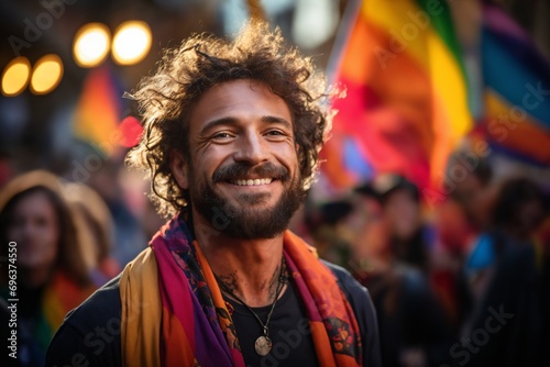 portrait of a man at a gay pride parade, happy and joyful emotions with friends, LGBT concept