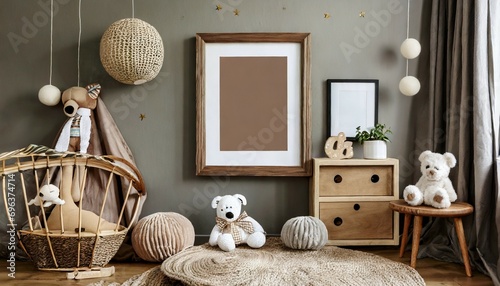 stylish scandinavian newborn baby room with brown wooden mock up poster frame toys plush animal and child accessories