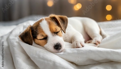 cute jack russell dog terrier puppy sleeping on white blanket in the bed in bedroom