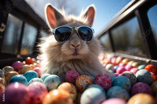 Cute Easter Bunny with sunglasses looking out of a car filed with easter eggs, Generative AI
