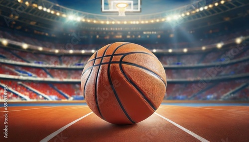 close up of a basketball ball in the center of the stadium