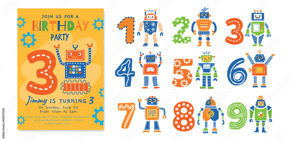 Children birthday numbers. Kids anniversary cards elements, holiday party, funny color robots, mechanical toys, cute boys design, vector set.eps