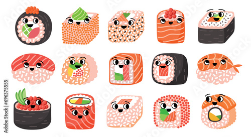 Funny cartoon rolls characters. Cute kawaii sushi, japanese cuisine elements, asian traditional food, rice, fish in nori algae, vector set.eps