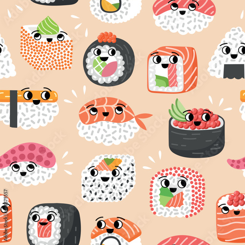 Cartoon sushi rolls repeated background. Traditional japanese cuisine snacks, boiled rice, nori algae and seafood, vector seamless pattern.eps
