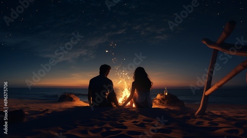 A romantic scene with a couple lying on a beach blanket, gazing up at the stars in the night sky, surrounded by the sounds of the ocean and the warmth of a bonfire.