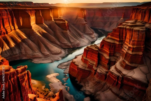 A canyon bathed in the warm glow of sunrise, with layers of rock formations and the meandering river