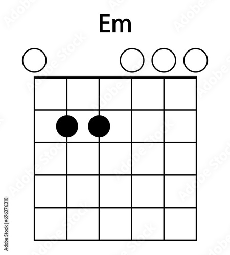 Guitar chord Em illustration. Guitar, notes, music, string, song, treble clef, consonance, notation, melody, school, musician, barre. Vector icons for business and advertising