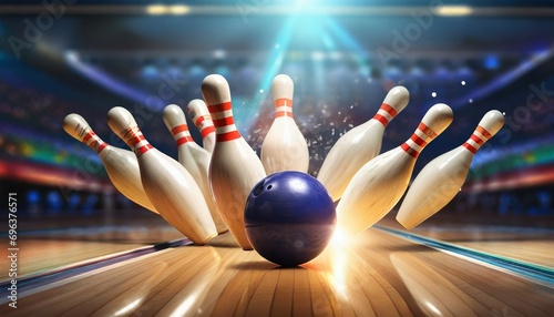 picture of bowling ball hitting pins scoring a strike bowling background bowling 3d rendering photo