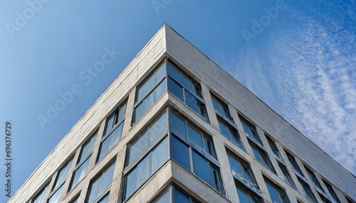the corner of the building with many windows against the blue sky