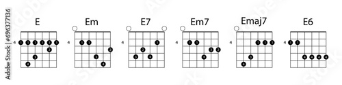 Set of chords E illustration. Guitar, notes, music, string, song, treble clef, consonance, notation, melody, school, musician, barre. Vector icons for business and advertising