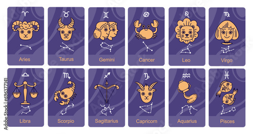 Cute zodiac symbols cards. Cartoon horoscope signs, constellation with illustrations, funny aries, taurus, gemini, libra, leo, vector set.eps