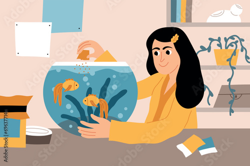 Girl takes care of aquarium fish. Feeding pets, happy owner pours food into water, goldfish eat, pleasant leisure and hobby, vector concept.eps