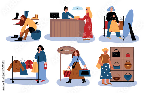 Shoppers shop in stores. Happy women try on clothes in mall, wardrobe updating, discount season, fitting rooms with visitors, vector set.eps