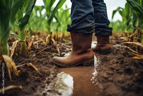 Working farmer in rubber boots among corn plants