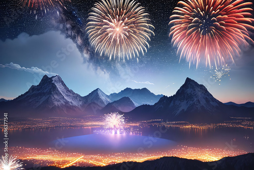 Experience the breathtaking beauty of fireworks lighting up the night sky in a dazzling display of color and light. This explosive celebration is a spectacle of joy and festivity, bringing people toge photo
