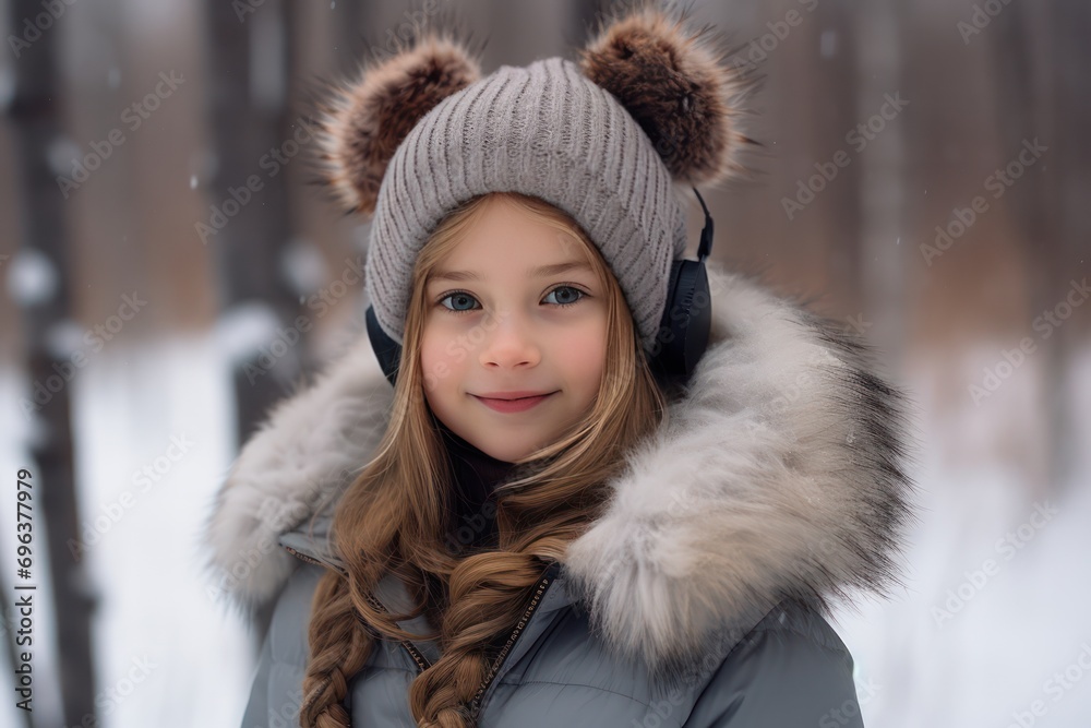 girl in headphones in winter park or forest closeup portrait girl in headphones in winter park or forest closeup portrait