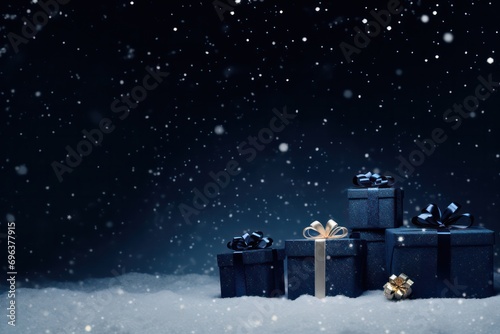 dark blue minimal christmas or valentine gift boxes 3d render festive background with copy space in winter forest with snow falling  © Dina