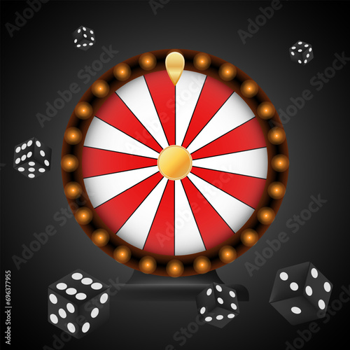 Roulette with dice illustration. Casino, excitement, game, poker, chips, bet, luck, money, winning, losing, risk, black, croupier, lottery, red, drum, fortune. Vector icons for business