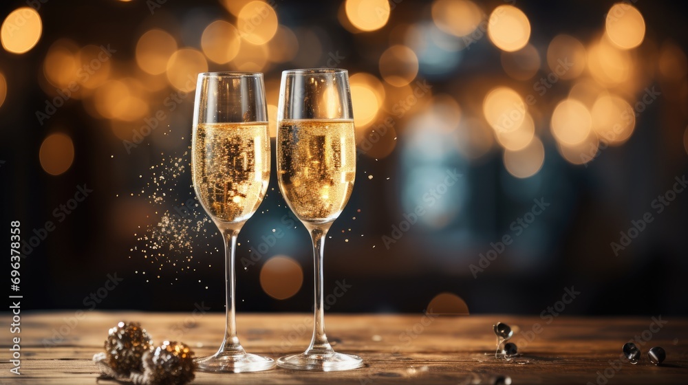 two glasses of champagne isolated with bokeh colorful lights two glasses of champagne isolated with bokeh colorful lights