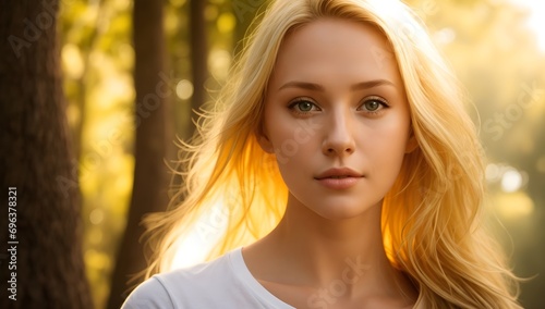 Portrait of a Beautiful Young Blonde Woman in White T-shirt Against a Forest During Golden Hour Sunlight