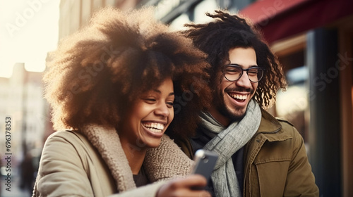 copy space, stockphoto, Multiracial couple having fun, laughing using phone outdoors on winter day. Internet technology, communication. Smartphone, cellphone for chatting or surfing.