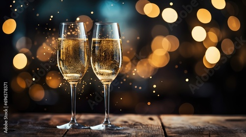 two glasses of champagne isolated with bokeh colorful lights