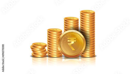 Money growth, Investment business and saving concept. Indian rupee, digital currency, golden coins, wealth stock growth. Isolated on white background.