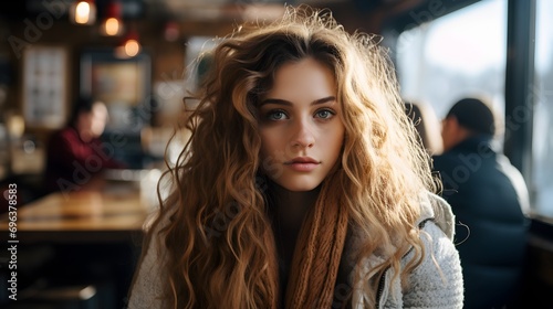 A young woman with curly hair gazes forward, seated in a cozy café setting.