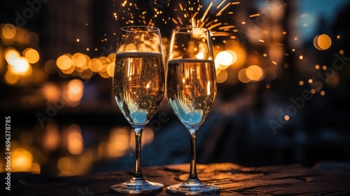 two glasses of champagne isolated with bokeh colorful lights