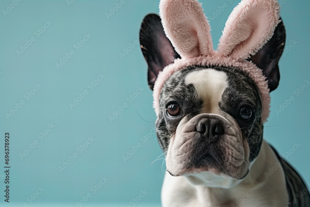 French bulldog with Easter bunny ears on a pastel blue background