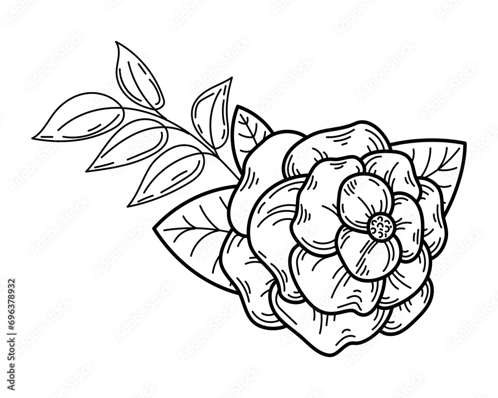 Flower bouquet coloring book. Rose, leaves. Hand drawn sketch illustration.