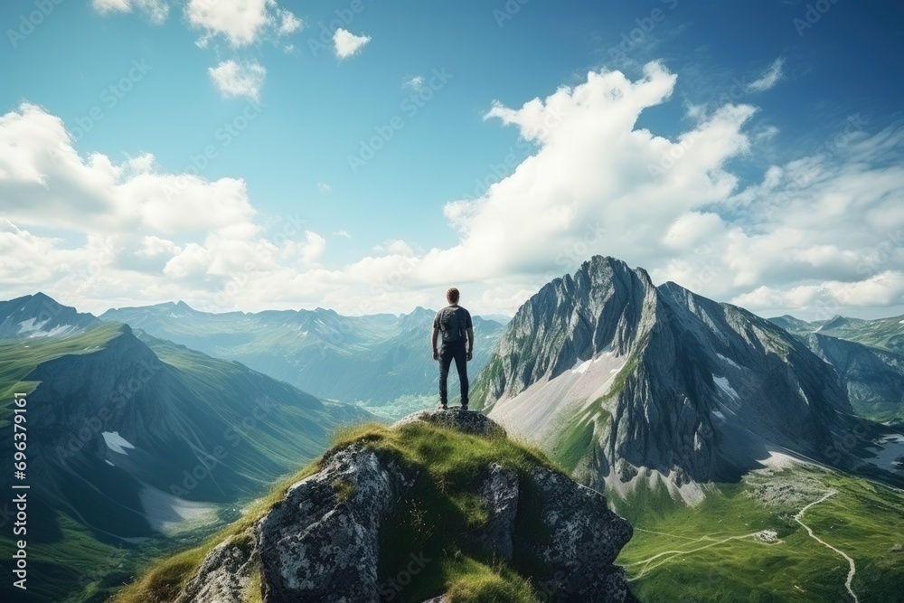 Man standing on a hill looking at view of the majestic landscape at daytime.
