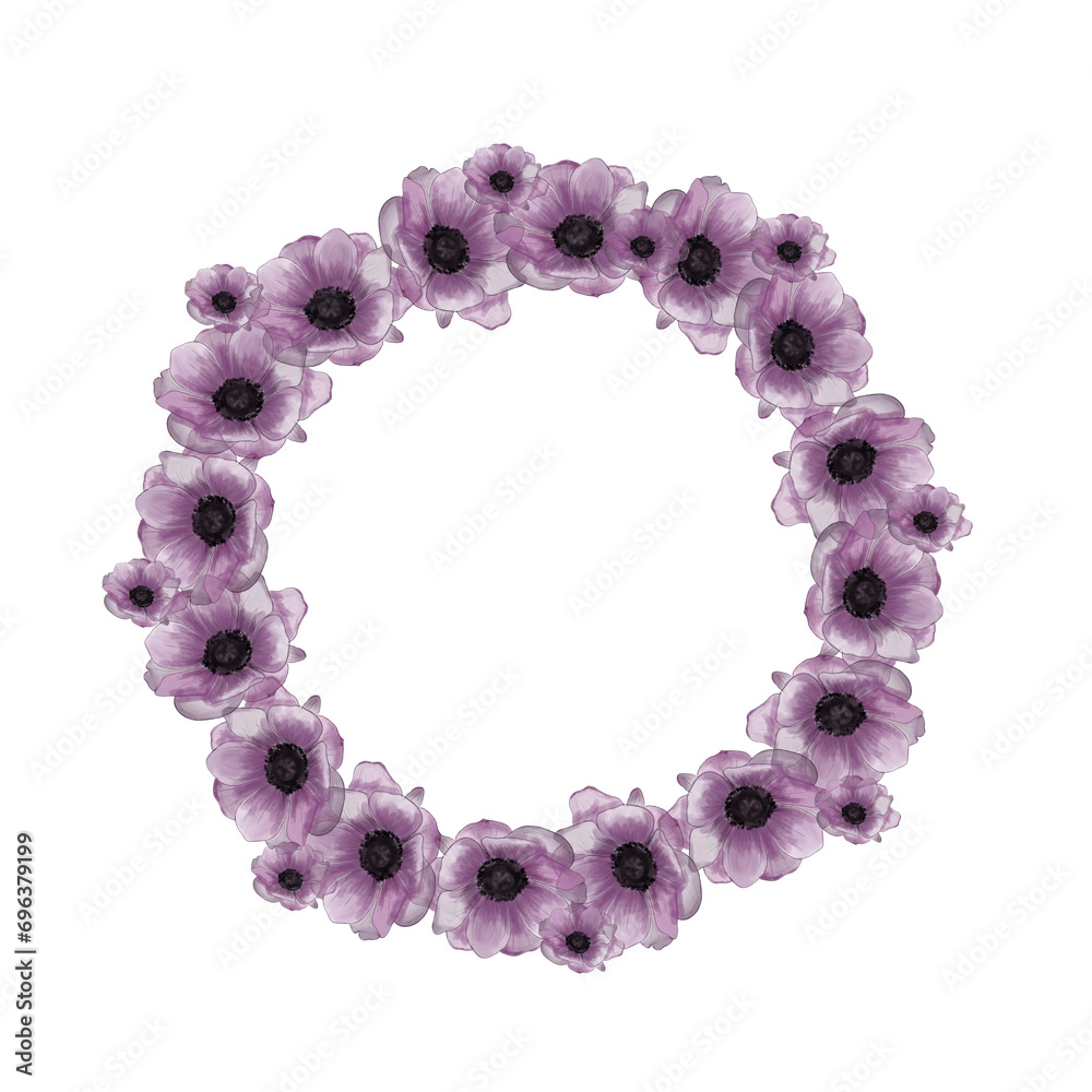Watercolor round frame of purple poppy flowers. Elegant hand drawn floral wreath for wedding invitations, cards and florist tags. Watercolor round frame of purple poppy flowers. Elegant hand drawn floral wreath for wedding invitations, cards and florist tags.