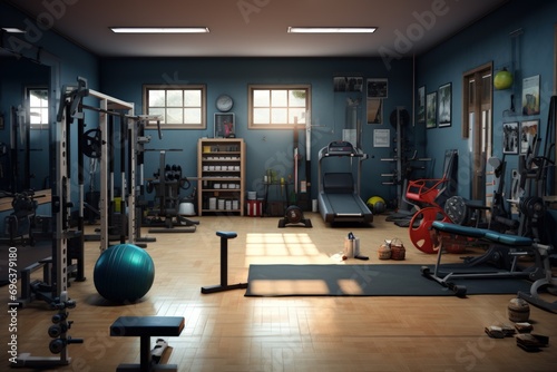 Interior view of a gym with equipment.
 photo
