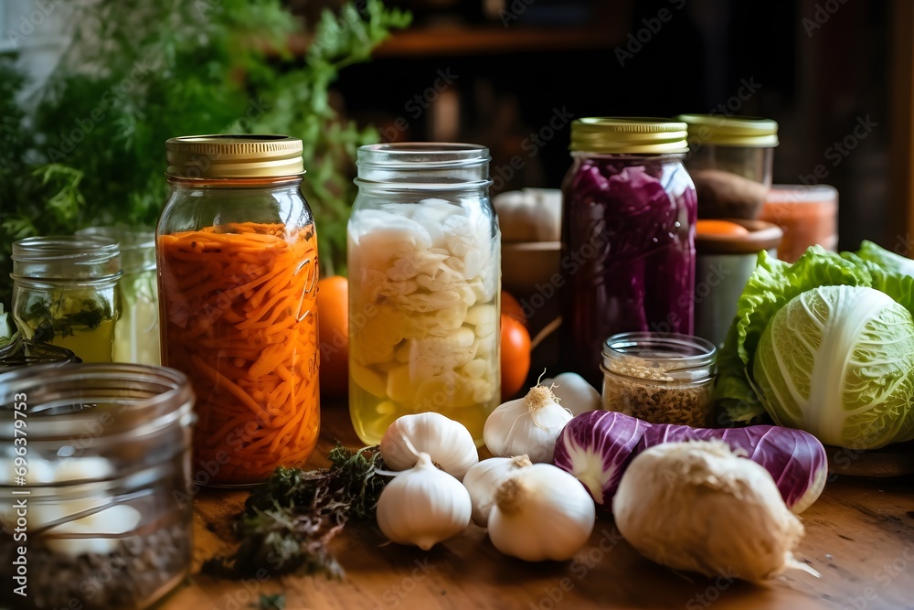An array of colorful vegetables, spices, salt and jars prepared for creating homemade fermented veggies An array of colorful vegetables, spices, salt and jars prepared for creating homemade fermented veggies