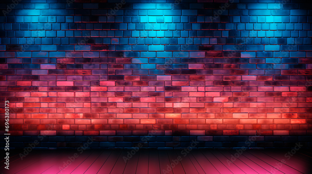brick wall background illuminated with neon lights, blue and red brick wall background illuminated with neon lights, blue and red