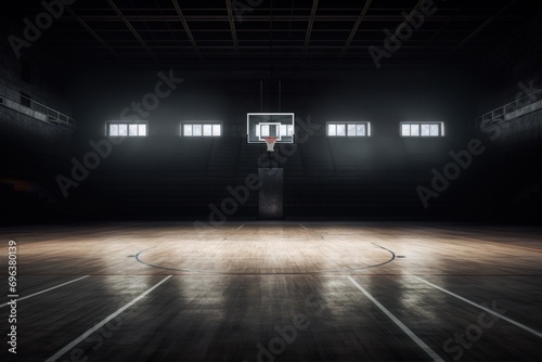 Empty Indoor basketball court. Horizontal panoramic wallpaper with copy space.

