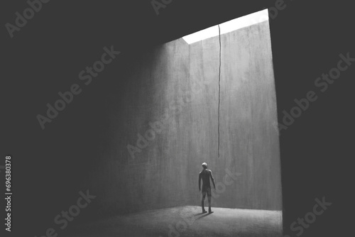 Illustration of man finds a rope to get out of the dark, surreal abstract chance concept photo