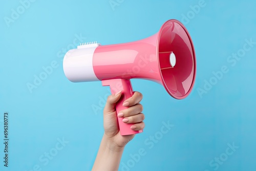 powerful of hand gripping a pink megaphone on blue background