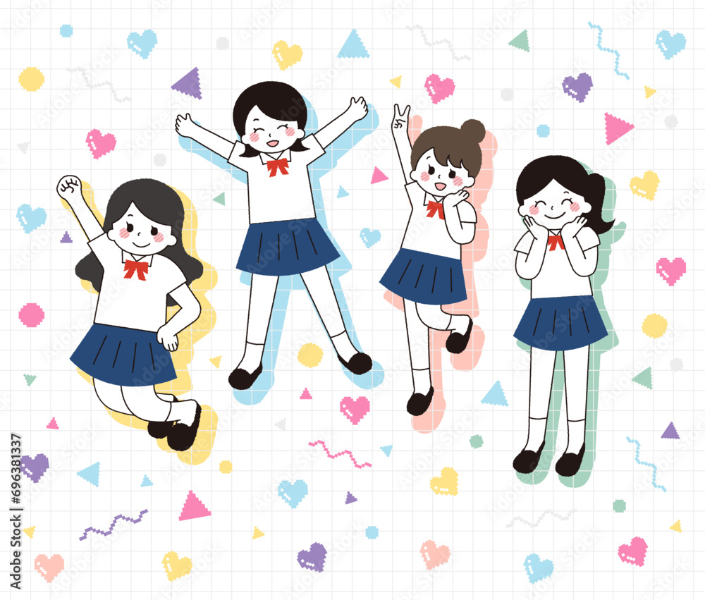 ジャンプをする女子学生。 ジャンプをする女子学生。