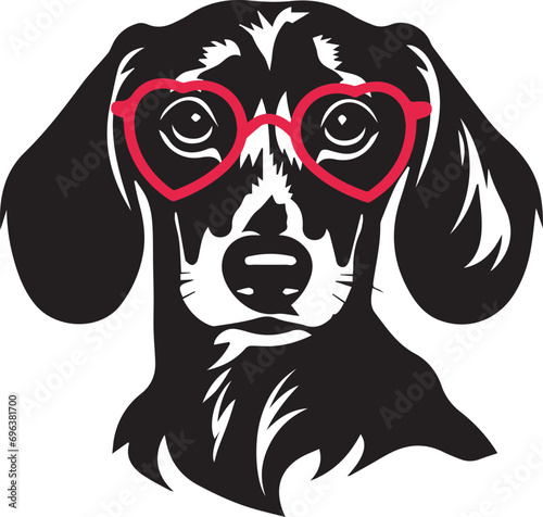 black and white illustration of dachshund dog with heart-shaped glasses