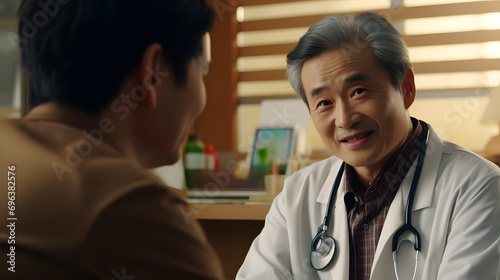 An elderly Asian male doctor gives advice to an Asian patient on treatment. The doctor tells the patient the diagnosis results.