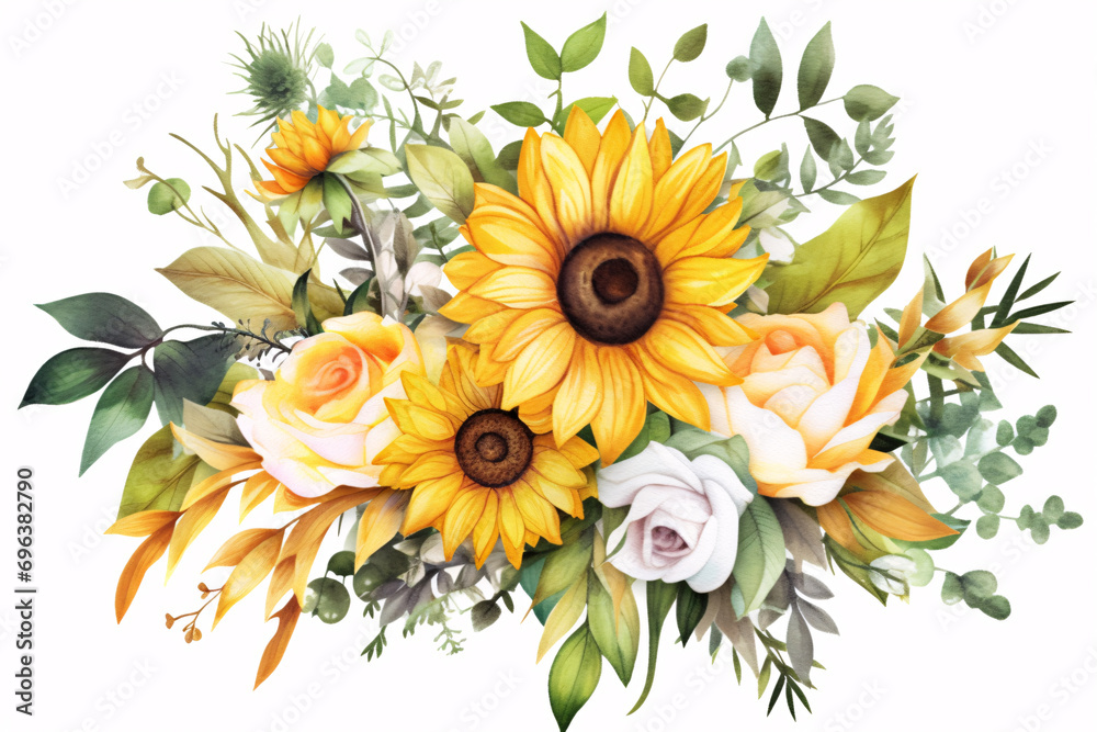 Naklejka premium Watercolor Flowers Bouquets, illustration with green gold leaves centre on white background for wedding invitations, greetings, wallpapers, fashion, prints 