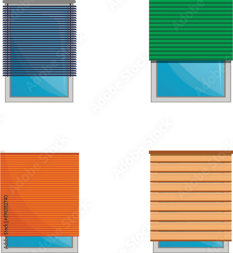 Window decoration icons set cartoon vector. Blinds in various color. Light protection device, interior decoration