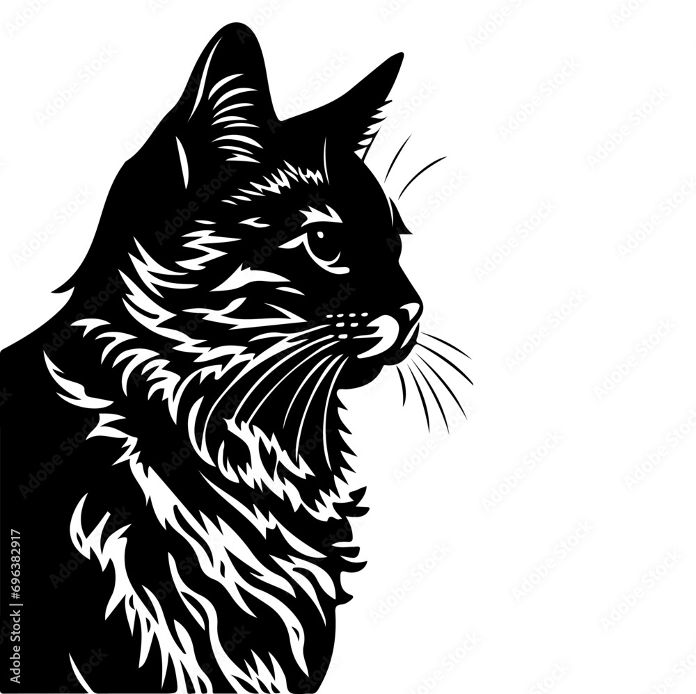 Obraz premium Cat linocut template. A black, fluffy cat. Engraving, logo, linart. Black image on a white background