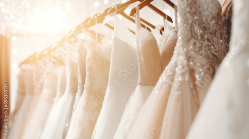 Beautiful elegant luxury bridal dress on hangers. A variety of wedding dresses hanging in a boutique bridal salon. Blurred background in beige tones and sunlight.