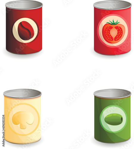 Canned product icons set cartoon vector. Metal can of preserved food. Unhealthy food