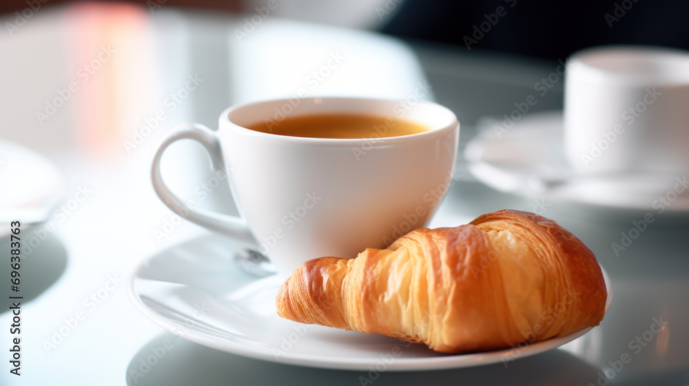 Coffee and croissant on table, shallow focus Coffee and croissant on table, shallow focus