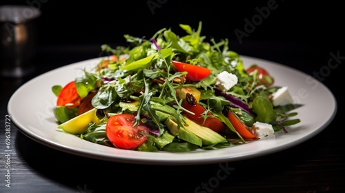an exquisite and colorful salad, featuring a variety of fresh greens and vibrant vegetables on a white plate, promising a refreshing and healthy culinary delight.